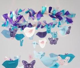 Nursery Mobile- Blue, Pink, Purple Birds & Butterflies- Nursery Decor, Baby Shower Decor