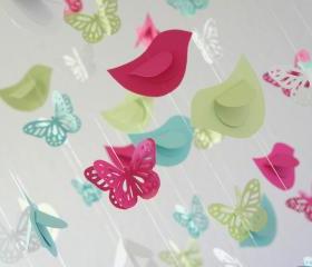 Butterflies & Birds Nursery Mobile in Bright pink, Aqua, Green, & White