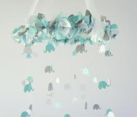 Aqua, Gray & White Elephant Nursery Mobile