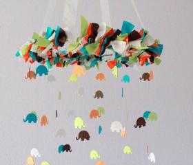 Elephant Nursery Mobile in Turquoise, Orange, Green, Brown & White