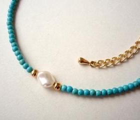 Turquoise Beaded Necklace, Delicate Feminine Necklace, Pearl Necklace, Friendship and Bridesmaid Jewelry