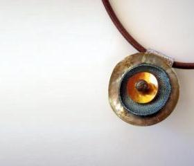 Shell and Leather Unique Pendant Necklace - Golden Brown Orange - Fall Winter Fashion Necklace - Round Leather Pendant