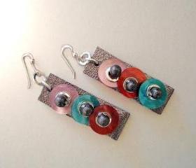 Leather Geometric Earrings - Mother Of Pearl Earrings - Colorful Dots - Fall Winter Gift For Her
