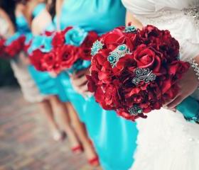 Real Touch Bridal Bouquet with Rhinestone Brooch Accents - Red and Aqua