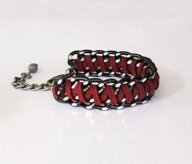 Oxblood Braided Chain Bracelet, Braided Cuff Bracelet, Black Chunky Chain and Fiber in Burgundy Red