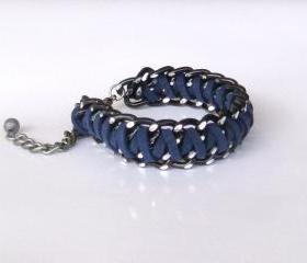 Midnight Blue Braided Chain Bracelet, Braided Cuff Bracelet, Black Chunky Chain and Fiber in Navy blue