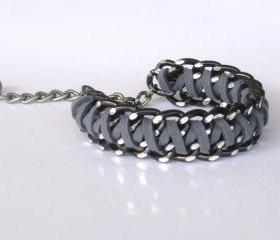 Graphite grey - Braided Chain Bracelet - Braided Cuff Bracelet - Black Chunky Chain and Fiber in Black and Grey