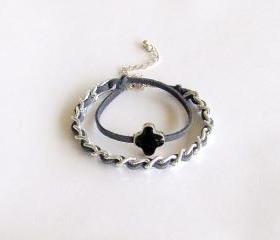 Double Wrap Bracelet, Black and Gray, Chain Bracelet, Black Cross Bracelet, Friendship Bracelet