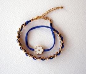 Double Wrap Bracelet, Cobalt Blue, Gold Chain, White Daisy Enammeled Bead, Fashion Bracelet