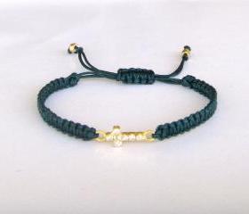 Rhinestone Cross Charm Bracelet - Macrame Friendship Bracelet - Dark Cactus Green and Gold - Layering bracelet