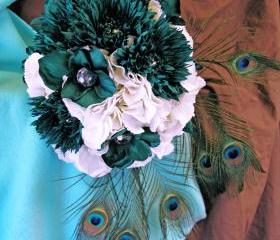 Teal & White Wedding, Peacock silk bridal bouquet