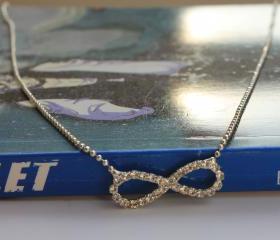 Rhinestone Silver , Bright, White Infinity Necklace