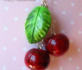 Cute realistic cherry with leaf necklace
