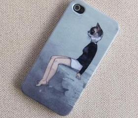 iPhone 4s Case/iPhone 4,4s Cover/Hard Plastic Case/cat girl iphone case/cat iphone cover/gift for christmas