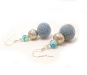 Blue Silver Felted Beaded Earrings, Wool Beaded Dangle Earrings, Semi Precious Stone Agate beads