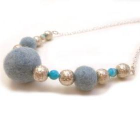 Blue Silver Beaded Chain Necklace, Felted Jewelry, Light blue Wool Felted Chunky Necklace,Semi precious stones Agate beads