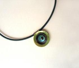 Shell and Leather Unique Pendant Necklace - Light Green and Blue - Fall Winter Fashion Necklace - Round Leather Pendant