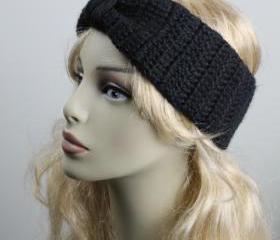 Woman handmade knitted crochet headband head warmer hat cap black