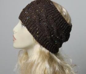 Woman handmade knitted crochet headband head warmer hat cap brown