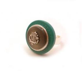 Green Silver Button Ring, Statement Crest Ring, Rustic Silver Teal Green Adjustable Ring, Vintage Style Ring