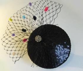 Sequin cocktail hat tutti fruitti veil.