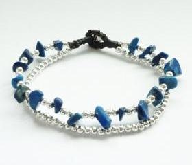 Double Strands of Navy Blue Lapis Lazuli Chip Beads and Silver Plated Beads with Wax Cord Bracelet - Gift for her