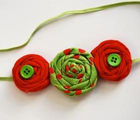 Christmas rosettes in green and red polka dots holiday baby, toddler, girls, women handmade elastic