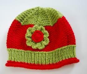 Handmade knit hat for girls ages 3-6Y red green christmas holiday soft not-itchy