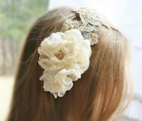Lace Bridal Headpiece, Gold, Champagne, Bridal Headband, Pearl, Bridal Hair Flowers, Hair Accessories, Wedding Accessories