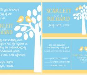 Personalized Wedding Invitation With love birds//matching RSVP postcard//fully customized to your wedding 