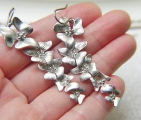 Matte Silver Iris Flower Wedding Earrings. Titanium Earrings. Long Bridal Earrings.