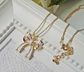 Little Pink Ribbon Necklace. Matte Gold. Feminine. Dainty. Modern. Simplicity