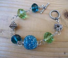 Handmade Wire Bracelet with Aqua-Blue and Light-Green Beads