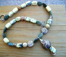 Jade and Yellow Turquoise Necklace with Wire-Wrapped Pendant
