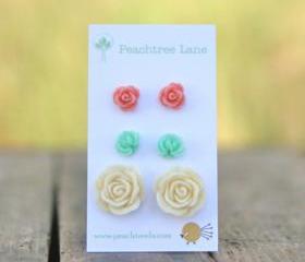 Seafoam Mint Green Flower Rose Earrings // Cream Rose Earrings // Pink Rose Earrings
