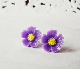 Purple blossom earring - 925 sterling silver post earring
