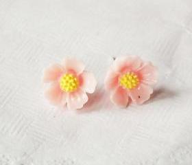 Light Pink blossom stud earring - 925 sterling silver post earring