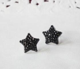 Shiny Star In Black Stud Earring - 925 sterling silver post earring