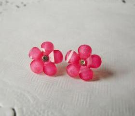 Crystal Pink flower Stud Earring - 925 sterling silver post earring
