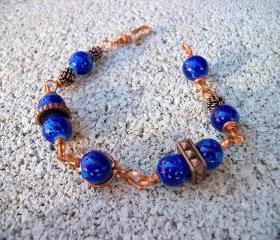 Handmade Copper-Wire and Blue Beaded Bracelet