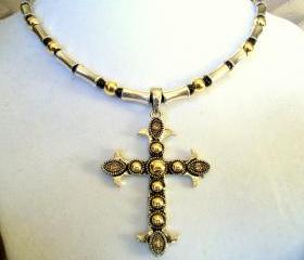 Handmade Silver and Gold Necklace with Black Accents, Beautiful Cross Pendant!