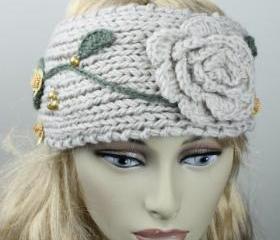 Woman handmade knitted crochet headband head warmer with flowers hat cap pumpkin