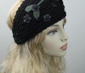 Woman handmade knitted crochet headband head warmer with flowers hat cap black