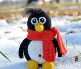 Needle felted penguin with orange scarf, winter, present, gift, black