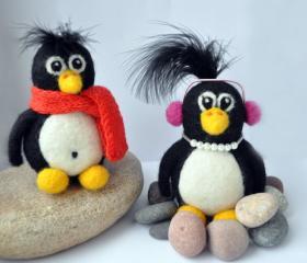 Needle felted penguin with pink earphones and necklace, winter, present, gift, black