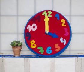 Fleece clock, learning time, nursery clock, colorful, felt clock, pillow, decor, red, yellow, blue