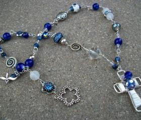 Blue and Silver Wire Necklace with Cross Pendant