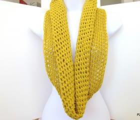 Crochet infinity scarf, long fashion cowl, unisex neck warmer in mustard yellow, gift under 40