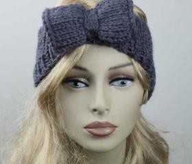 Woman handmade knitted crochet headband head warmer with bow hat cap grey