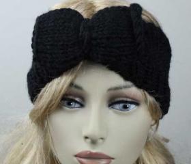 Woman handmade knitted crochet headband head warmer with bow hat cap black